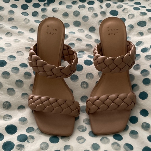 A New Day Shoes - Braided  A New Day Double-Strap Heeled Slides in Taupe
